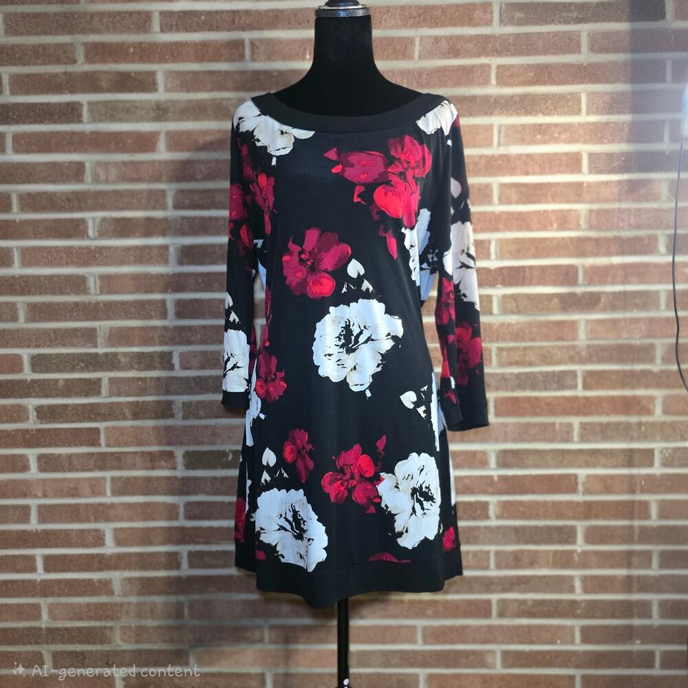 White House Black Market Floral Shift Dress Asymmetric Neck Poppy Black Red S